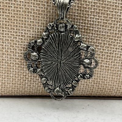 Vintage Gothic Silver Tone Filigree Pendant Necklace Bezel AB Crystal Accents - Thumbnail 5