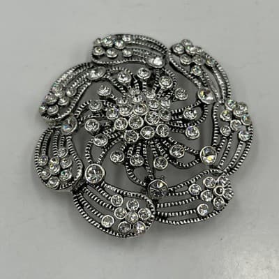 VTG Set of 4 Vintage Silver Tone Rhinestone Brooches Floral Star Burst Jewelry - Thumbnail 2