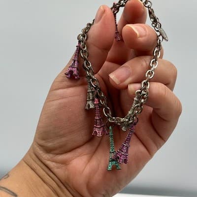Claire's Eiffel Tower Charm Bracelet Silver Tone Multi-Color Pink Teal Paris 7" - Thumbnail 4
