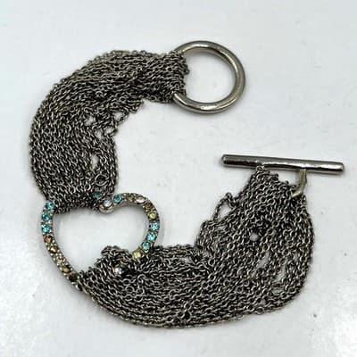 Vintage Silver Tone Multi Strand Chain Heart Bracelet Rhinestone Toggle Clasp