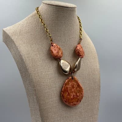 Worthington Bold Collection Statement Necklace Gold Tone Peach Mottled Stone New - Thumbnail 5