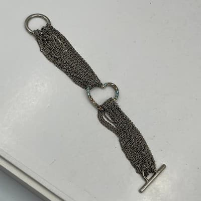 Vintage Silver Tone Multi Strand Chain Heart Bracelet Rhinestone Toggle Clasp - Thumbnail 5