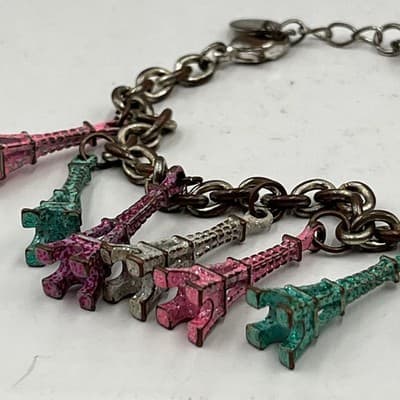 Claire's Eiffel Tower Charm Bracelet Silver Tone Multi-Color Pink Teal Paris 7" - Thumbnail 3