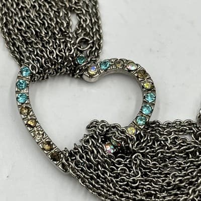 Vintage Silver Tone Multi Strand Chain Heart Bracelet Rhinestone Toggle Clasp - Thumbnail 2