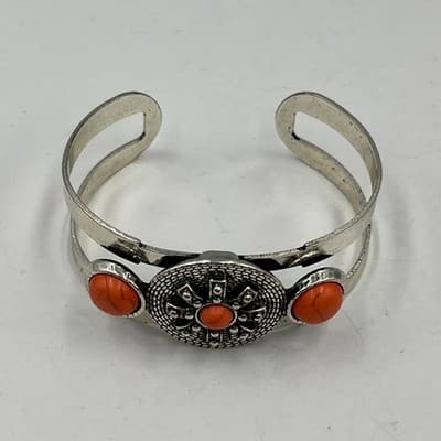VTG Western Southwestern Silver Tone Cuff Bracelet Faux Coral Orange Sunburst - Thumbnail 3
