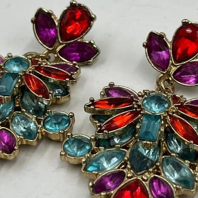 VTG Colorful Multi-Stone Floral Drop Earrings – Gold Tone Statement Boho Jewelry - Thumbnail 2