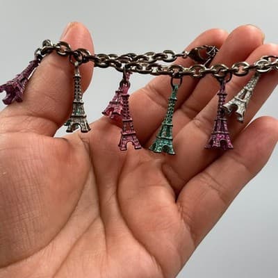 Claire's Eiffel Tower Charm Bracelet Silver Tone Multi-Color Pink Teal Paris 7" - Thumbnail 5