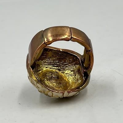 Vintage Cream Enamel Floral Cocktail Ring with Large Sparkling Crystal Center - Thumbnail 5