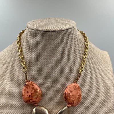 Worthington Bold Collection Statement Necklace Gold Tone Peach Mottled Stone New - Thumbnail 2