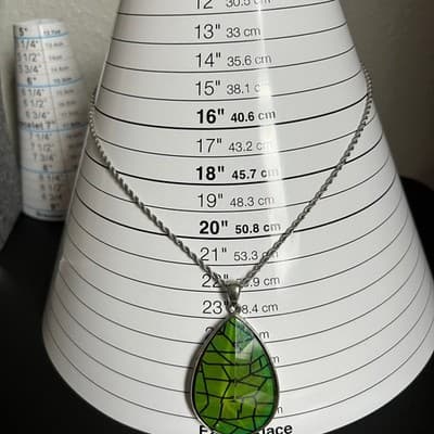 Vintage Green Mosaic Teardrop Pendant Necklace Silver Tone Rope Chain Boho Art - Thumbnail 7