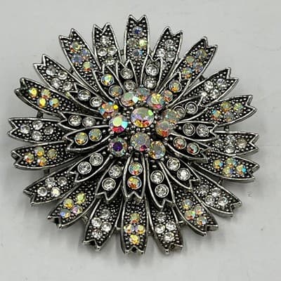 VTG Set of 4 Vintage Silver Tone Rhinestone Brooches Floral Star Burst Jewelry - Thumbnail 4