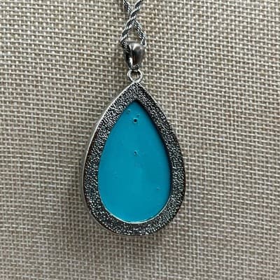 Vintage Green Mosaic Teardrop Pendant Necklace Silver Tone Rope Chain Boho Art - Thumbnail 5
