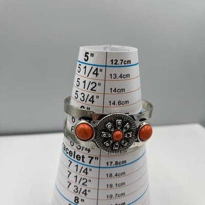 VTG Western Southwestern Silver Tone Cuff Bracelet Faux Coral Orange Sunburst - Thumbnail 9