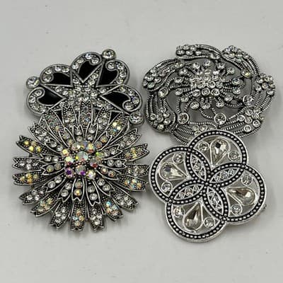 VTG Set of 4 Vintage Silver Tone Rhinestone Brooches Floral Star Burst Jewelry - Thumbnail 7