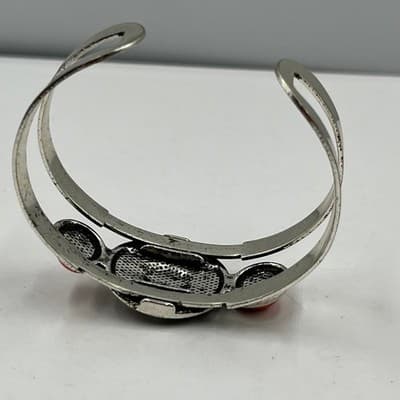 VTG Western Southwestern Silver Tone Cuff Bracelet Faux Coral Orange Sunburst - Thumbnail 8