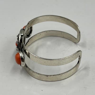 VTG Western Southwestern Silver Tone Cuff Bracelet Faux Coral Orange Sunburst - Thumbnail 4