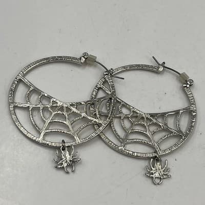 VTG Spider Web Hoop Earring Silver Tone Gothic Halloween Dangle Black Rhinestone - Thumbnail 4