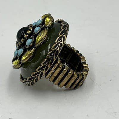 VTG Statement Adjustable Stretch Ring Yellow & Aqua Blue Gem Cluster Gold Tone - Thumbnail 3