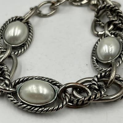 VTG Silver Tone Chunky Link Faux Pearl Bracelet Twisted Rope Cabochon Statement - Thumbnail 3