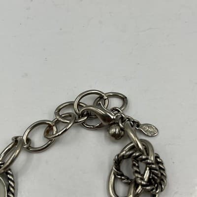 VTG Silver Tone Chunky Link Faux Pearl Bracelet Twisted Rope Cabochon Statement - Thumbnail 2