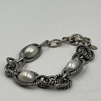 VTG Silver Tone Chunky Link Faux Pearl Bracelet Twisted Rope Cabochon Statement - Thumbnail 4