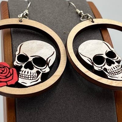 VTG Skull Rose Wood Hoop Earrings Gothic Floral Laser Cut Dangle Boho Rockabilly - Thumbnail 2