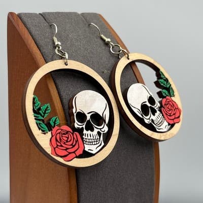 VTG Skull Rose Wood Hoop Earrings Gothic Floral Laser Cut Dangle Boho Rockabilly - Thumbnail 3