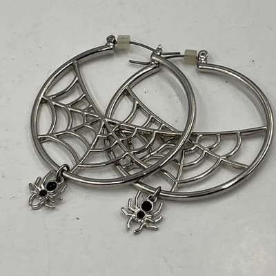 VTG Spider Web Hoop Earring Silver Tone Gothic Halloween Dangle Black Rhinestone - Thumbnail 2