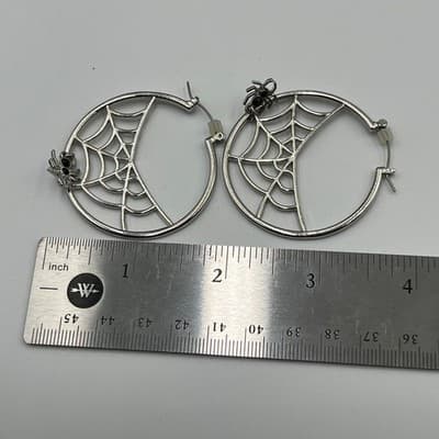 VTG Spider Web Hoop Earring Silver Tone Gothic Halloween Dangle Black Rhinestone - Thumbnail 5