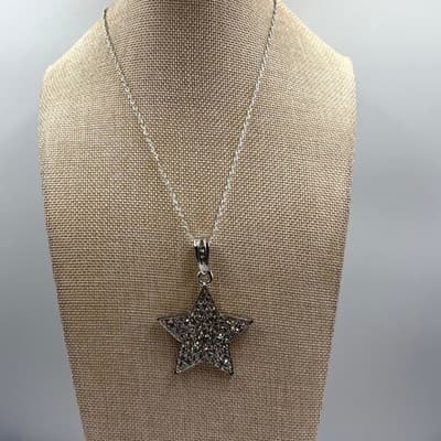 Vintage FL&B Silver Tone Pave Crystal Star Pendant Necklace Celestial Statement - Thumbnail 3