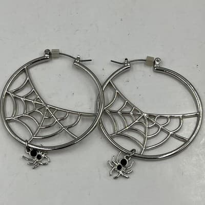 VTG Spider Web Hoop Earring Silver Tone Gothic Halloween Dangle Black Rhinestone - Thumbnail 3