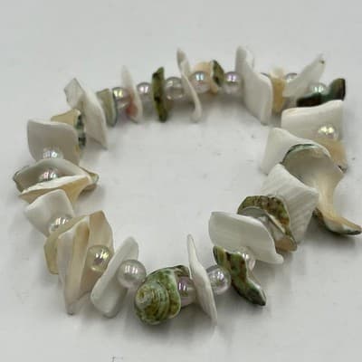 Vintage Natural Seashell Beaded Bracelet White Green Nautical Beach Jewelry - Thumbnail 3