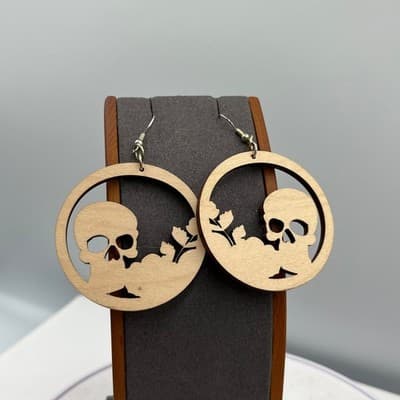VTG Skull Rose Wood Hoop Earrings Gothic Floral Laser Cut Dangle Boho Rockabilly - Thumbnail 5