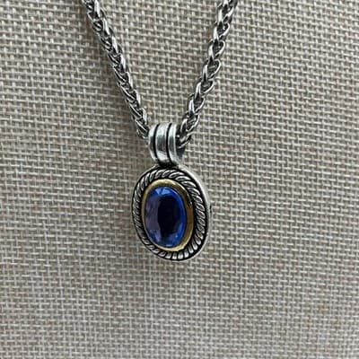 Vintage Silver Tone Wheat Chain Necklace Blue Glass Pendant Two-Tone Rope Accent - Thumbnail 3