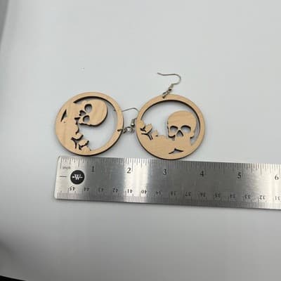 VTG Skull Rose Wood Hoop Earrings Gothic Floral Laser Cut Dangle Boho Rockabilly - Thumbnail 6