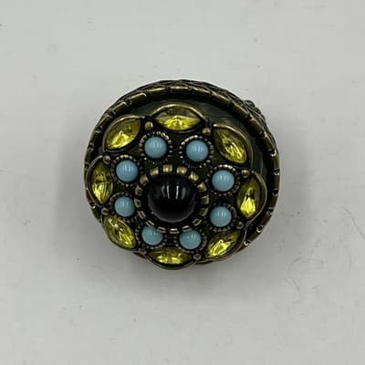 VTG Statement Adjustable Stretch Ring Yellow & Aqua Blue Gem Cluster Gold Tone - Thumbnail 2