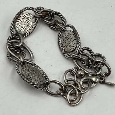 VTG Silver Tone Chunky Link Faux Pearl Bracelet Twisted Rope Cabochon Statement - Thumbnail 5