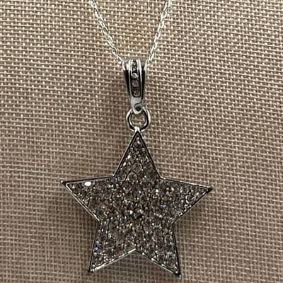 Vintage FL&B Silver Tone Pave Crystal Star Pendant Necklace Celestial Statement - Thumbnail 2