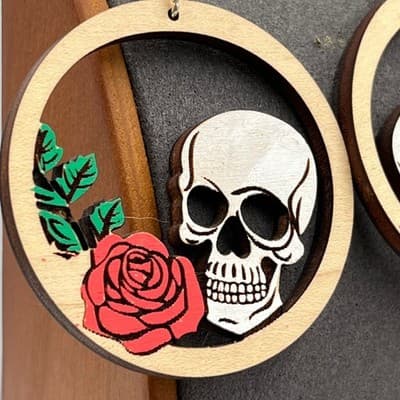 VTG Skull Rose Wood Hoop Earrings Gothic Floral Laser Cut Dangle Boho Rockabilly - Thumbnail 4