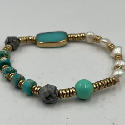 VTG Mixed Stone & Pearl Stretch Bracelet Turquoise Jasper Magnesite - Gold Tone - Thumbnail 5
