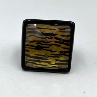 Vintage Chunky Black Acrylic Lucite Cocktail Ring Tiger Stripe Square Faceted