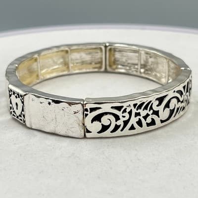 VTG Silver Tone Filigree Stretch Bracelet Hammered Heart Lock Panel Stackable - Thumbnail 3