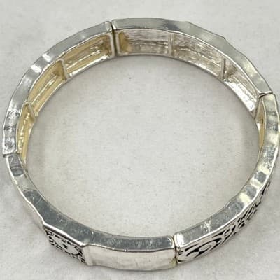 VTG Silver Tone Filigree Stretch Bracelet Hammered Heart Lock Panel Stackable - Thumbnail 2