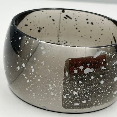Vintage Smoky Grey Acrylic Bangle Bracelet White Speckled Splatter Paint Chunky - Thumbnail 5