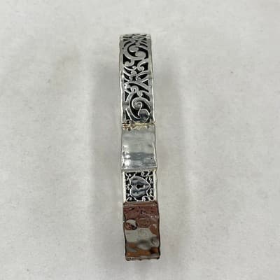 VTG Silver Tone Filigree Stretch Bracelet Hammered Heart Lock Panel Stackable - Thumbnail 4