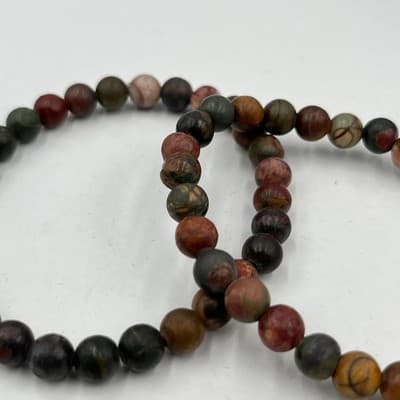 Vintage 2 Pc Natural Red Jasper Bead Bracelet Set Multi-Color Gemstone Stretch - Thumbnail 2