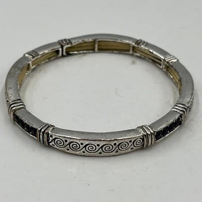 Vintage Silver Tone Stacking Stretch Bracelet Lot Mixed Boho Textured Bangle Set - Thumbnail 8