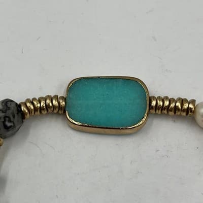 VTG Mixed Stone & Pearl Stretch Bracelet Turquoise Jasper Magnesite - Gold Tone - Thumbnail 2
