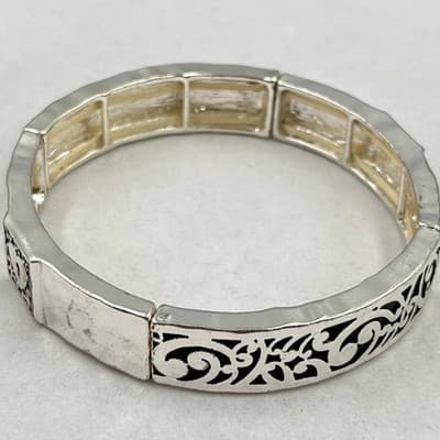 VTG Silver Tone Filigree Stretch Bracelet Hammered Heart Lock Panel Stackable - Thumbnail 5