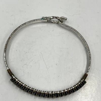 Vintage Artisan Hammered Silver Bangle Bracelet Wire Wrapped Boho Bead Statement - Thumbnail 2